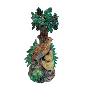 Majolica - Hugo Lonitz Table jardinière stand with partridges, oak tree (Circa 1880)