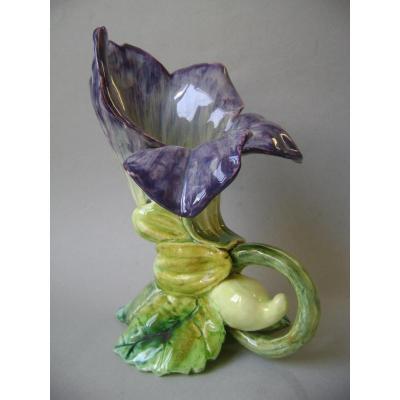 Majolica - Viola Flower Form Vase With Stem Base Signed Jerome Massier