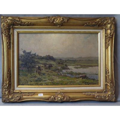 Clovis Terraire (1858 - 1931) ‘’Vaches au bord de l'étang’’ 