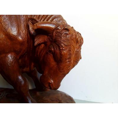 A Museum Quality Swiss Black Forest Walnut Standing Bull Carving Signed G. Staehli (circa 1880)