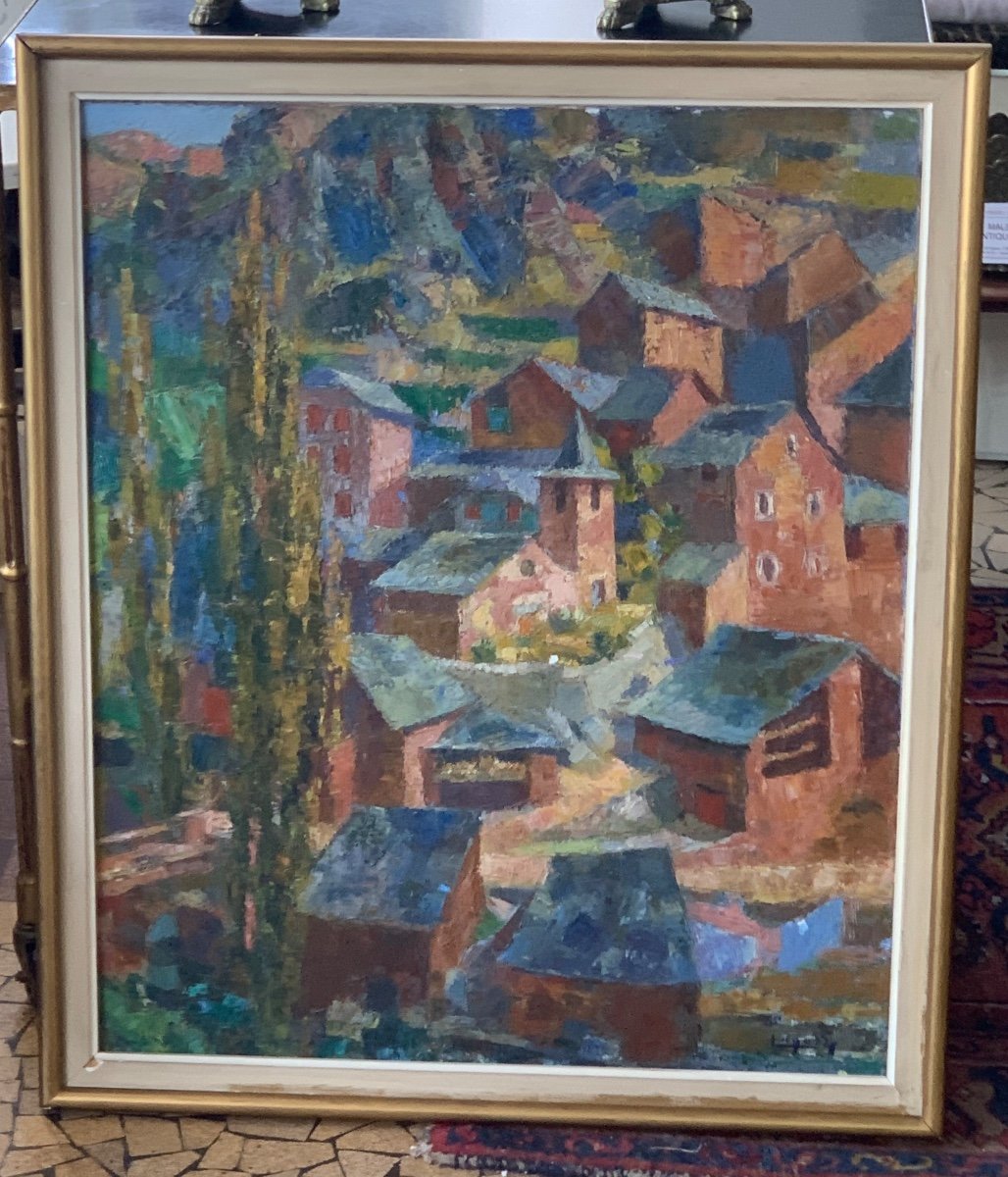 René Gaston Lagorre (1913-2004) - Huile sur toile - Paysage Vue De Village D’andorre 