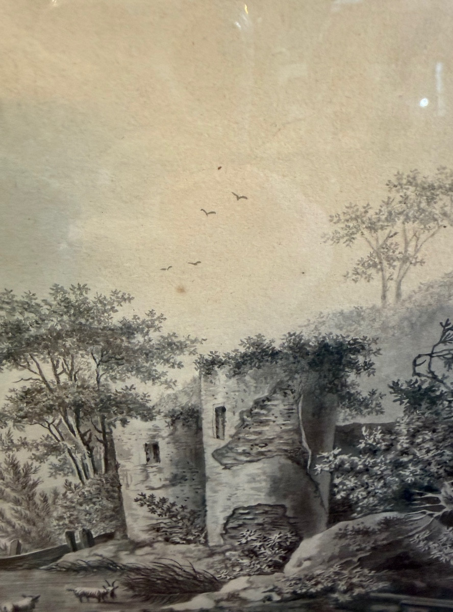 Black Ink Drawing With Grey Overlay - French Neoclassical School, 19th Century -photo-3