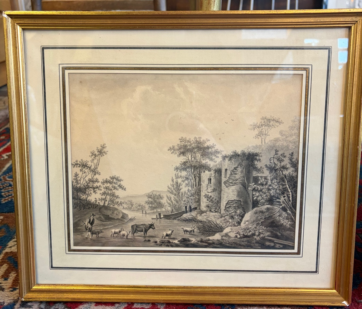 Black Ink Drawing With Grey Overlay - French Neoclassical School, 19th Century 