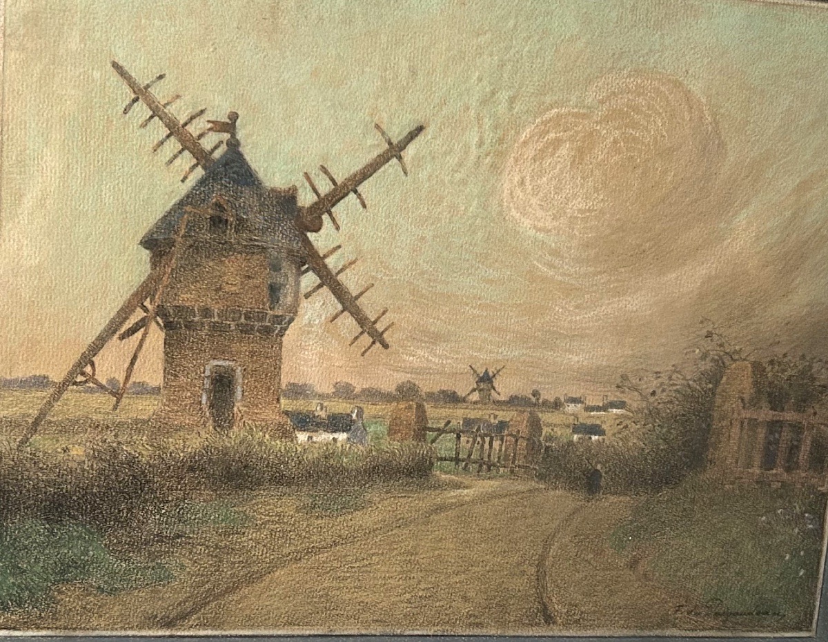 Ferdinand Loyen Du Puigaudeau (1864–1930) - Windmills Of Guérande - Pencil And Pastel-photo-3