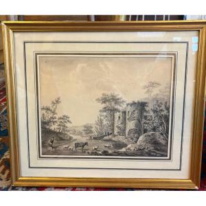 Black Ink Drawing With Grey Overlay - French Neoclassical School, 19th Century 