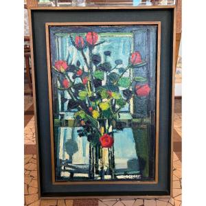 Huile sur toile - Bouquet de fleurs - signature illisible