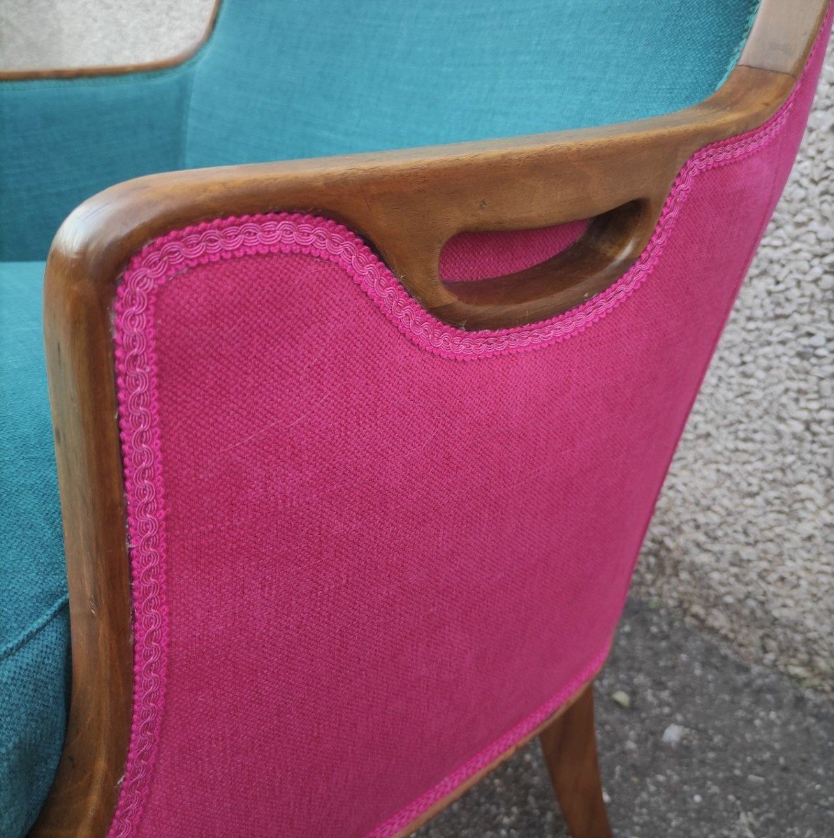 Pair Of Walnut Armchairs With Two-tone Fabric, Italy, 1950s-photo-3