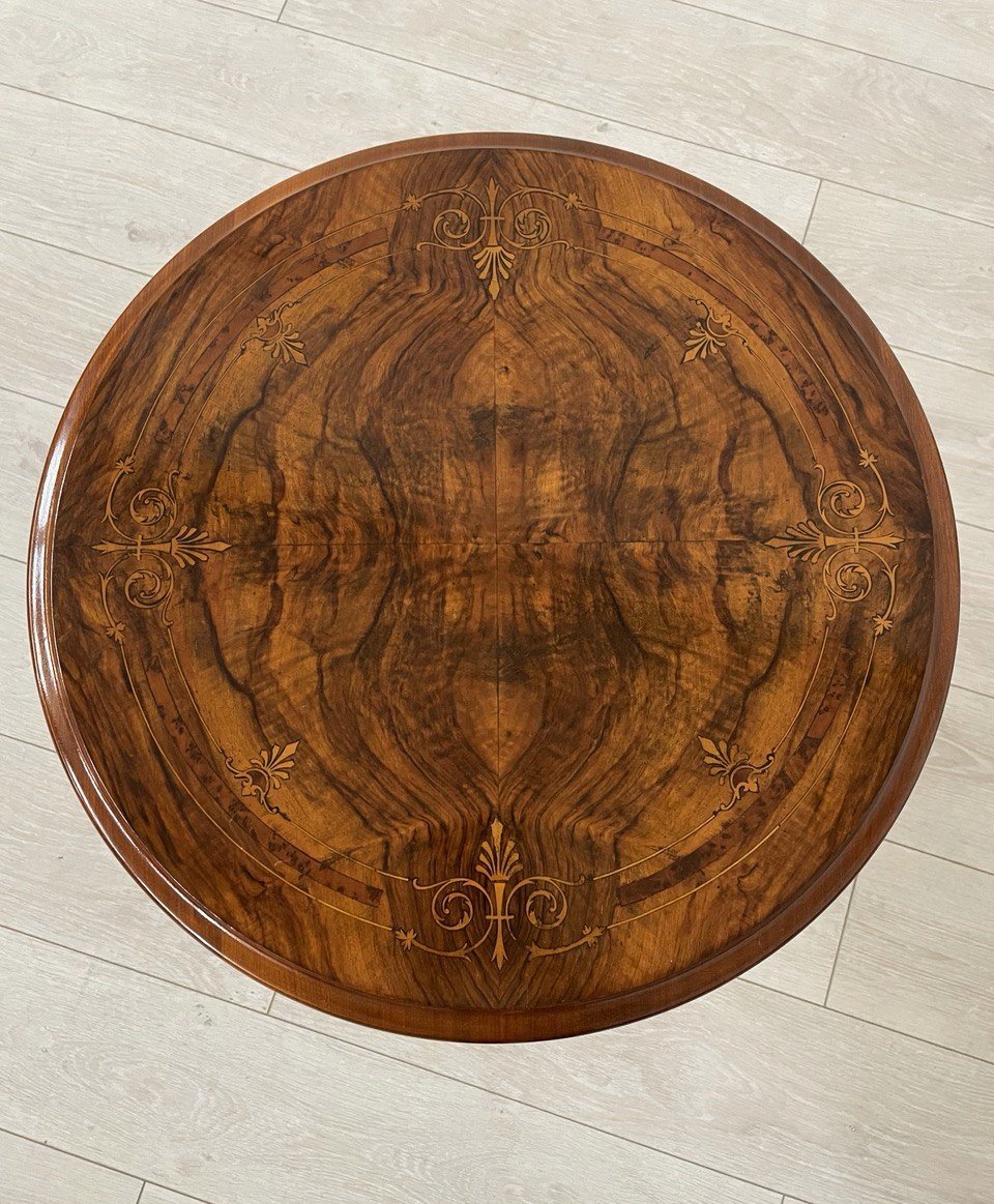 Round Coffee Table In Inlaid Wood, Late 19th Century-photo-2