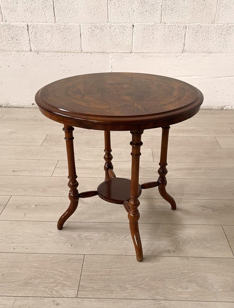 Round Coffee Table In Inlaid Wood, Late 19th Century