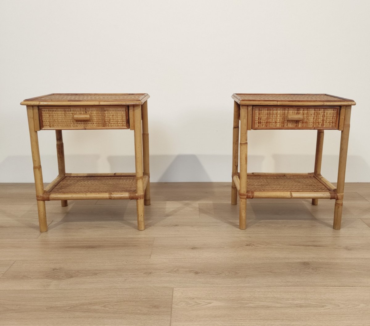 Pair Of Bamboo And Rattan Bedside Tables, Italy, 1970s-photo-2