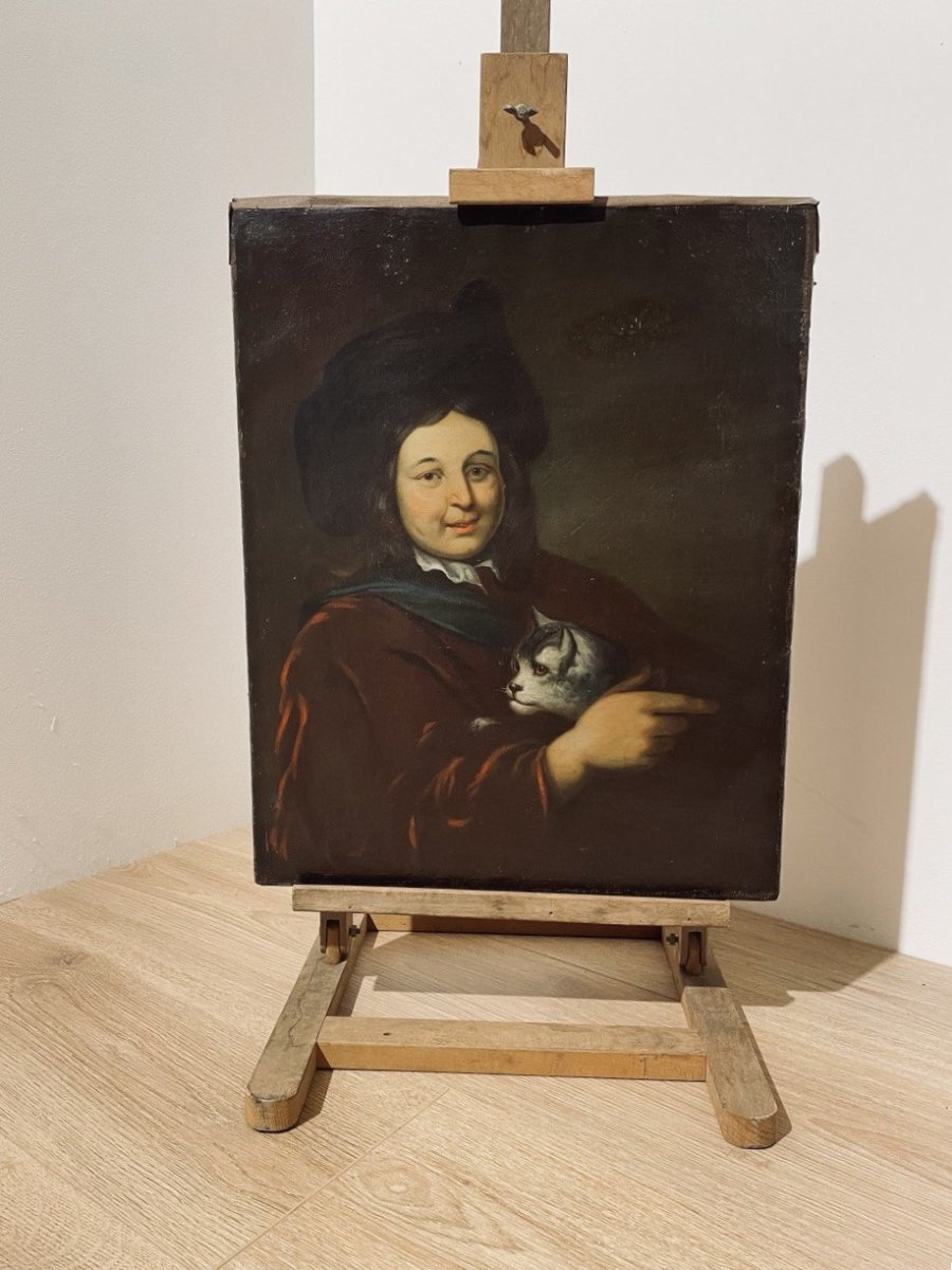 Oil On Canvas, Boy With Cat 18th-19th Century-photo-3