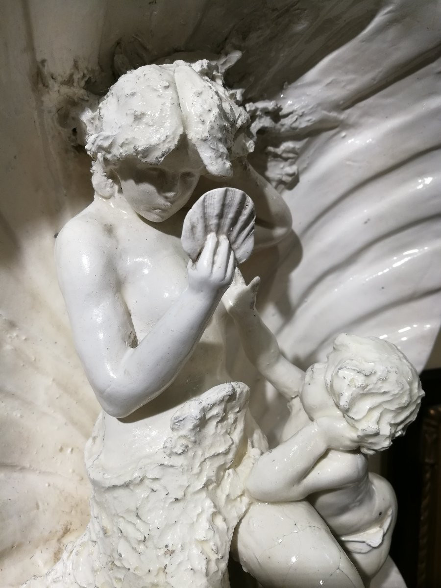 19th Century White Ceramic Sculpture, Venus At The Mirror With Cupid-photo-2