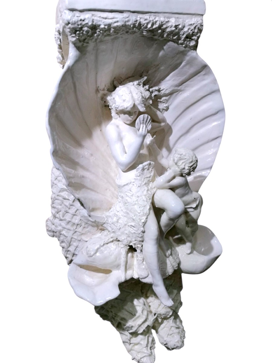 19th Century White Ceramic Sculpture, Venus At The Mirror With Cupid