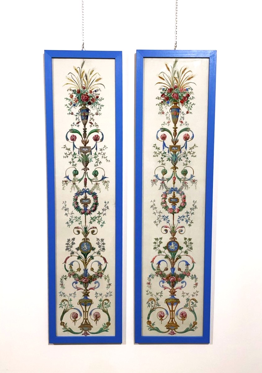 Paire de tableaux décoratifs peints à la main, années 1950