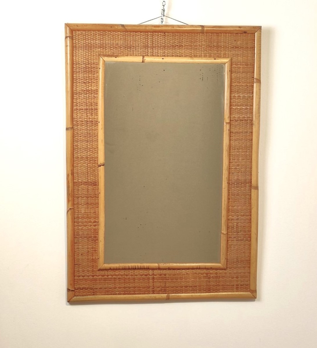 Miroir Dal Vera en bambou et rotin, Italie, années 1960-photo-3