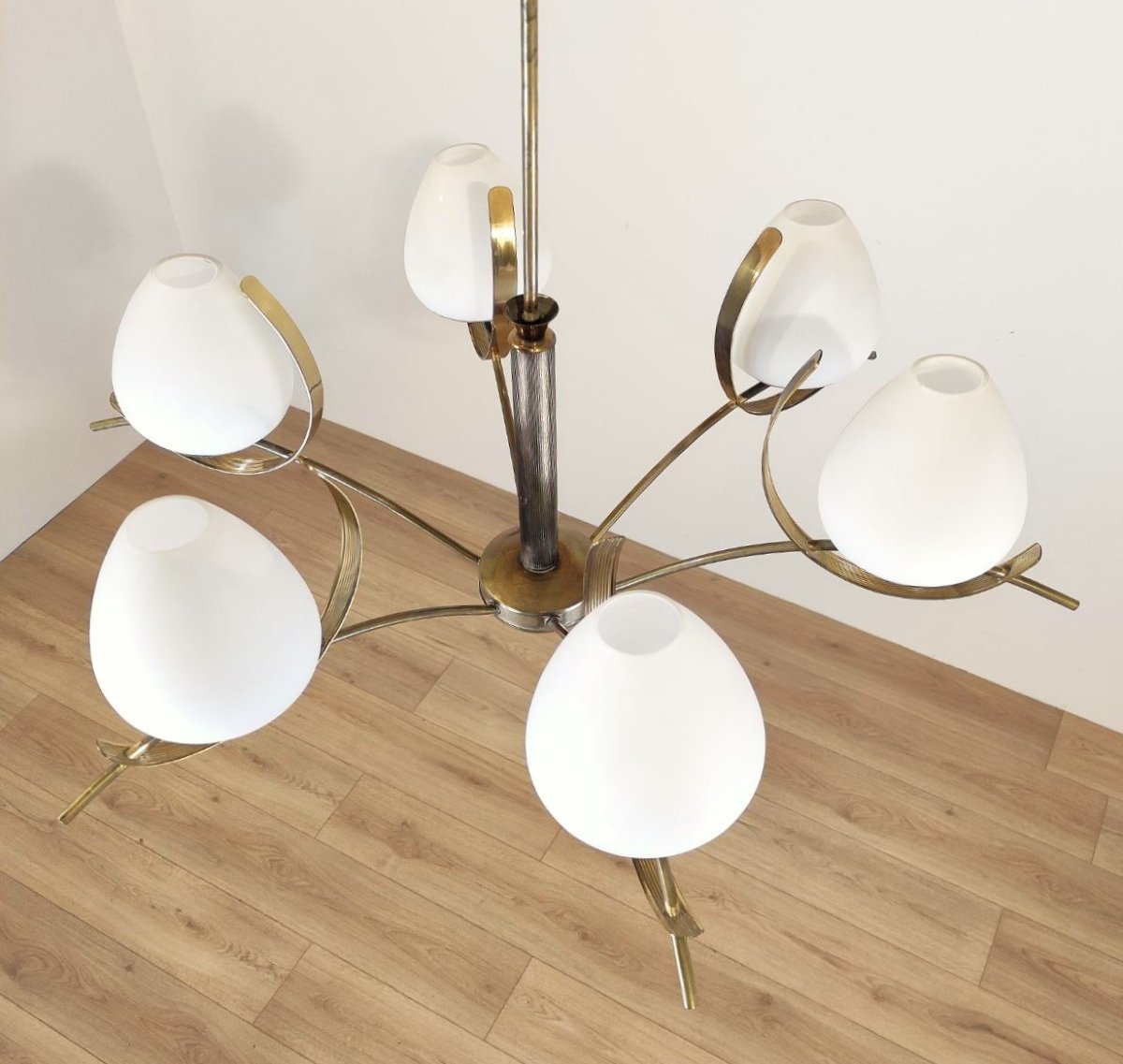 6-light Chandelier In Satin Glass And Brass, Italy, 1950s-photo-3