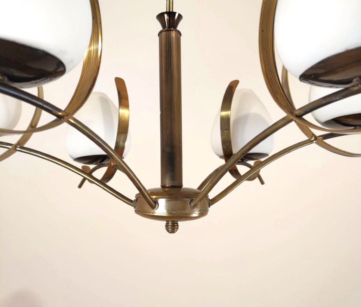 6-light Chandelier In Satin Glass And Brass, Italy, 1950s-photo-2