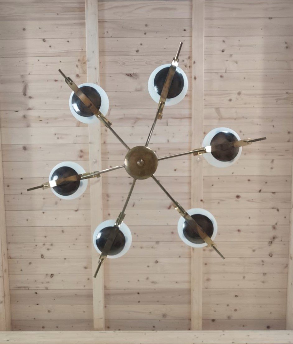 6-light Chandelier In Satin Glass And Brass, Italy, 1950s-photo-5