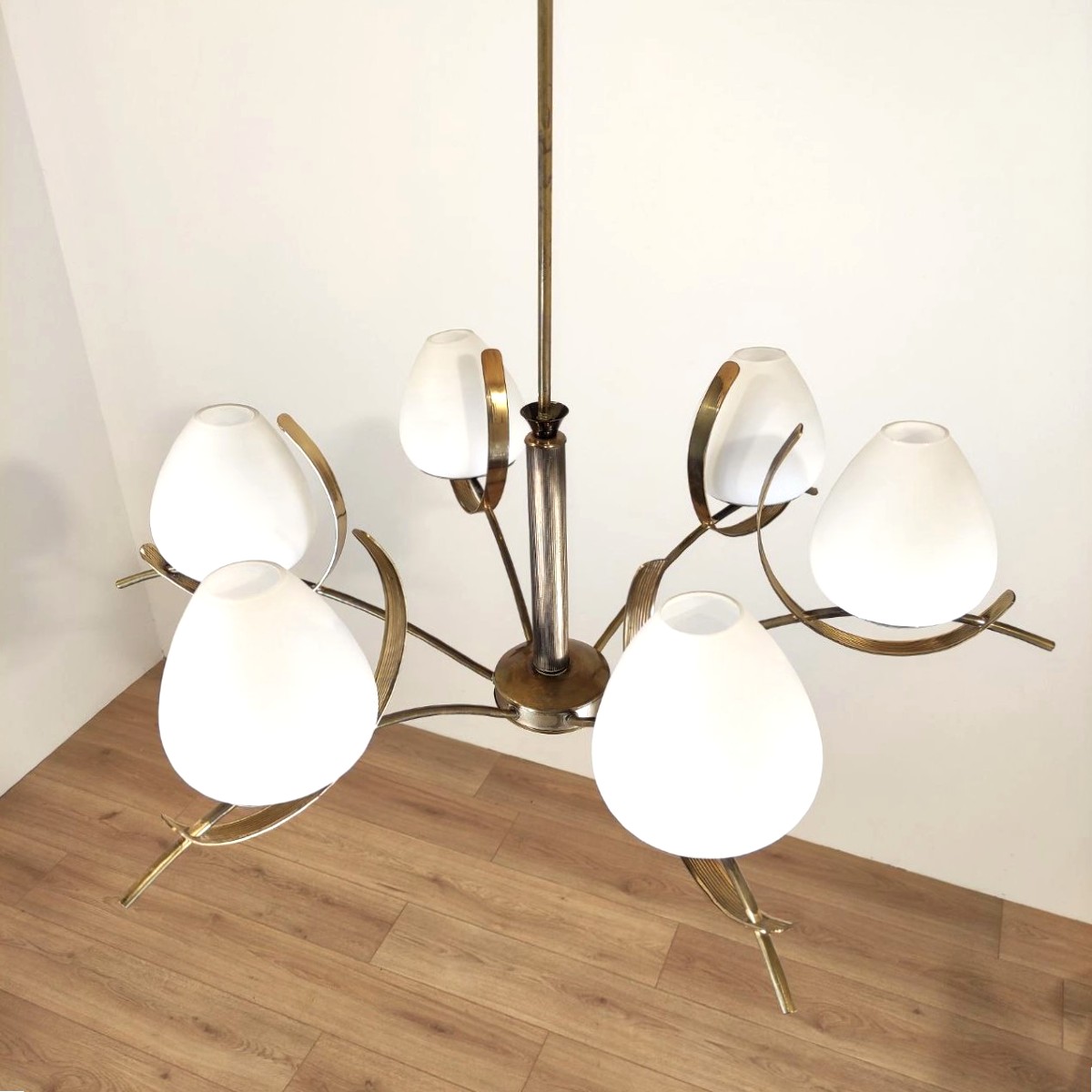 6-light Chandelier In Satin Glass And Brass, Italy, 1950s