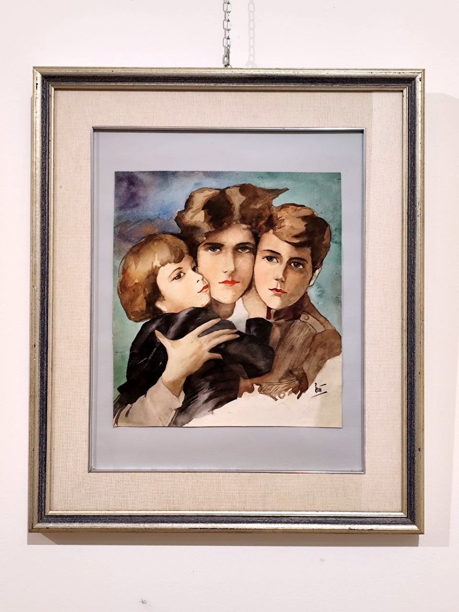 Portrait à l'aquarelle d'une mère et de ses enfants, années 1960-photo-2