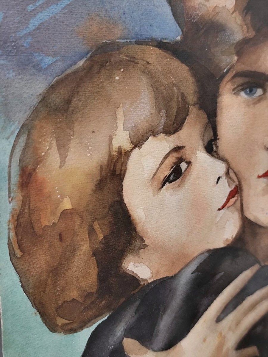 Portrait à l'aquarelle d'une mère et de ses enfants, années 1960-photo-4