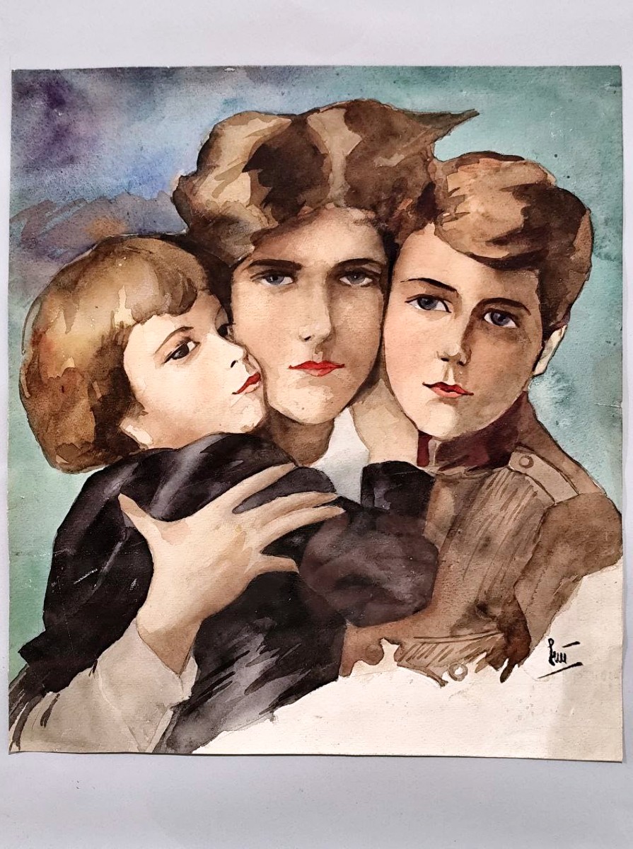Portrait à l'aquarelle d'une mère et de ses enfants, années 1960