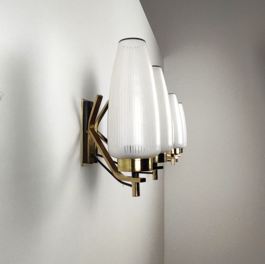 Pair Of Double-light Brass And Glass Wall Lamps From The 1950s-photo-3