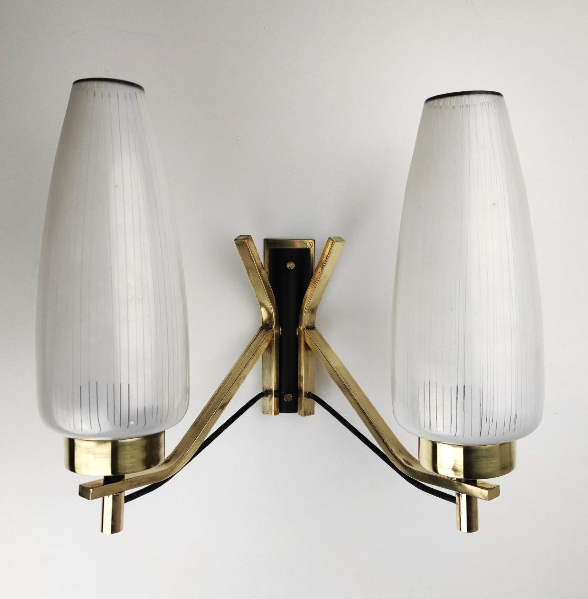Pair Of Double-light Brass And Glass Wall Lamps From The 1950s-photo-4