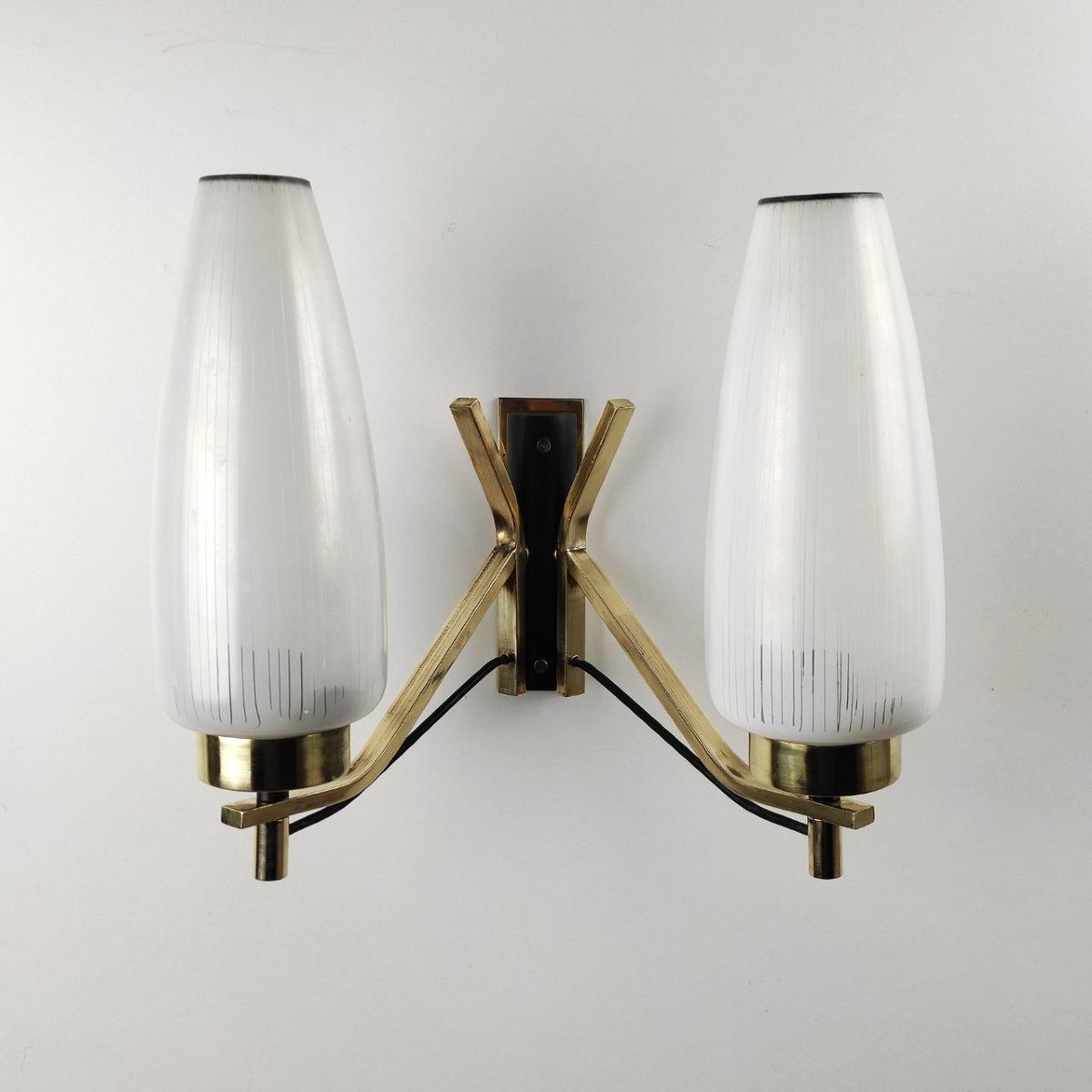 Pair Of Double-light Brass And Glass Wall Lamps From The 1950s-photo-1