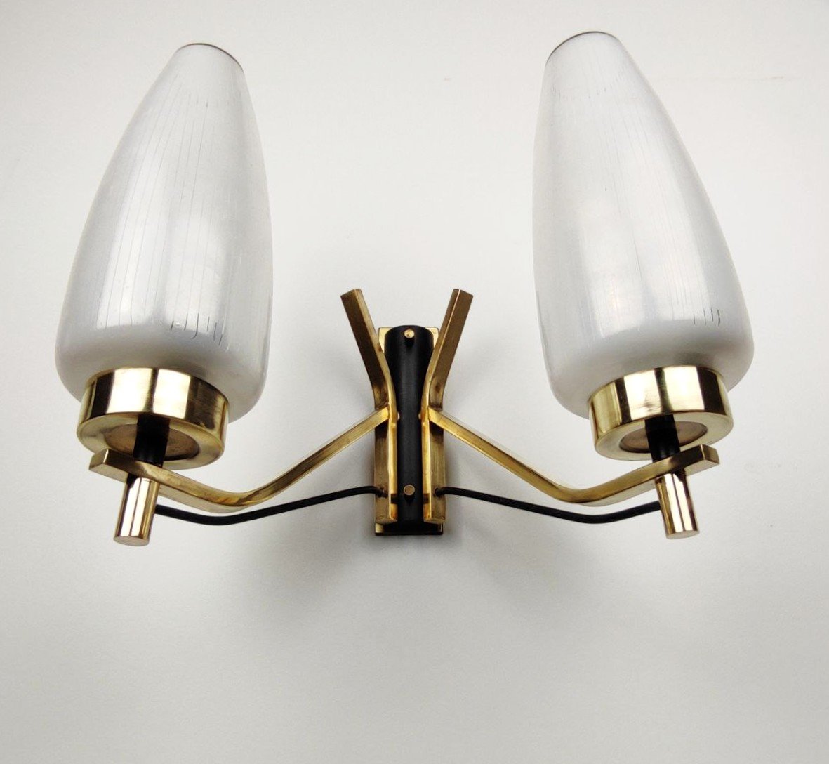 Pair Of Double-light Brass And Glass Wall Lamps From The 1950s-photo-2