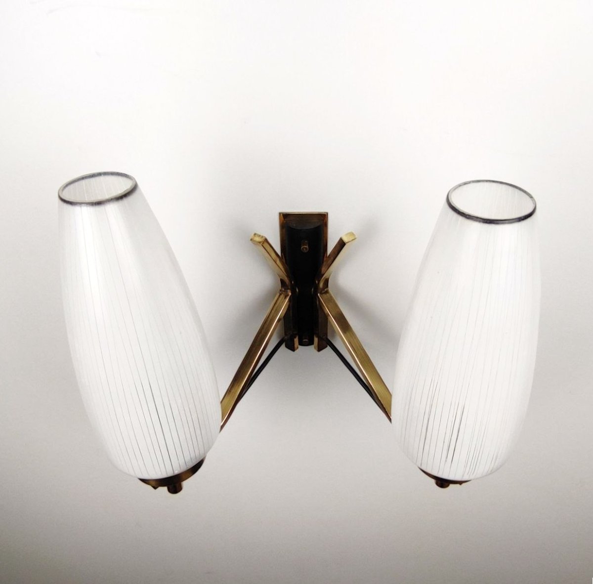 Pair Of Double-light Brass And Glass Wall Lamps From The 1950s-photo-4