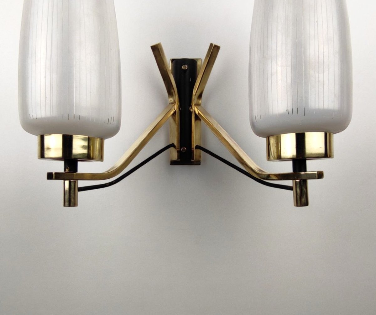 Pair Of Double-light Brass And Glass Wall Lamps From The 1950s-photo-5