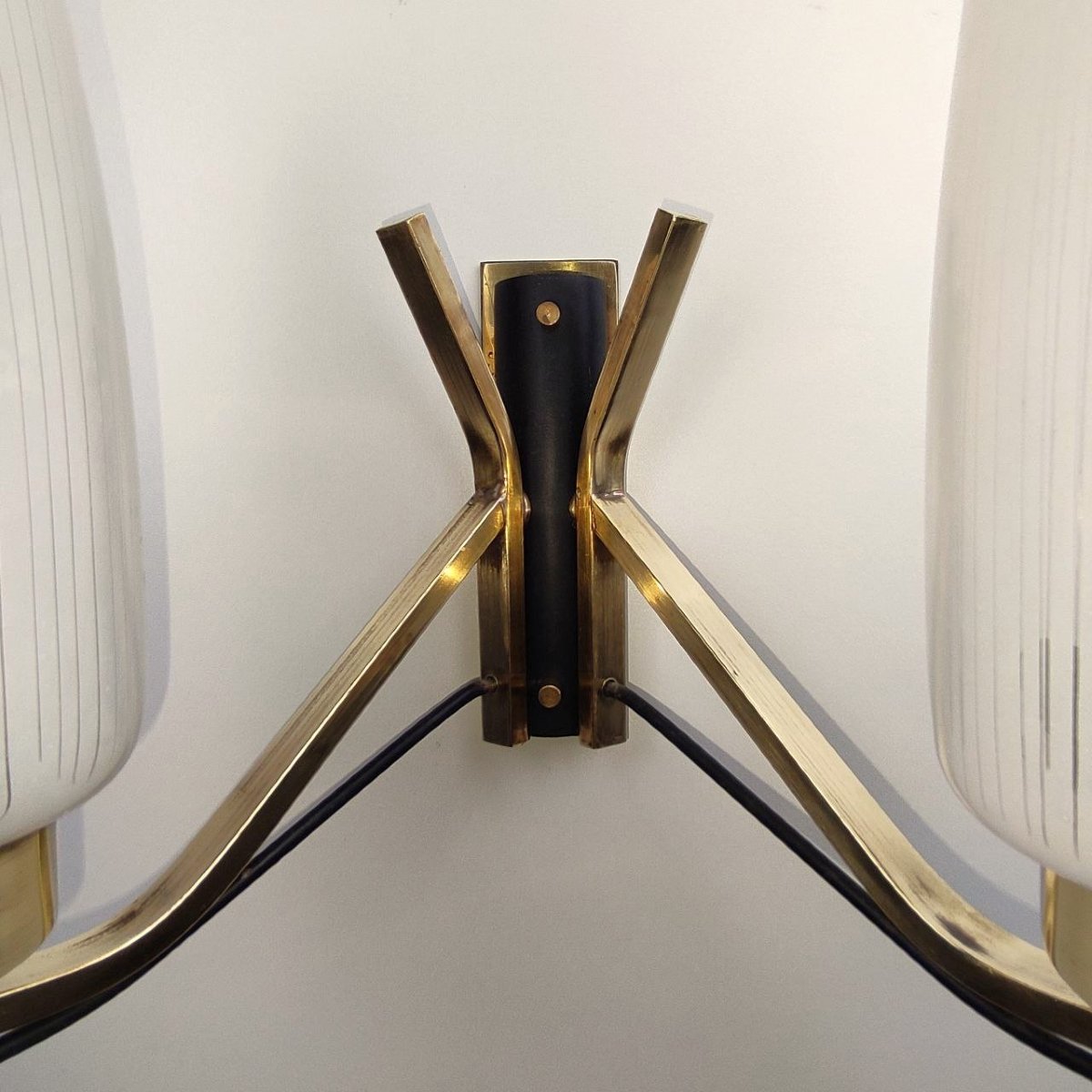 Pair Of Double-light Brass And Glass Wall Lamps From The 1950s-photo-6