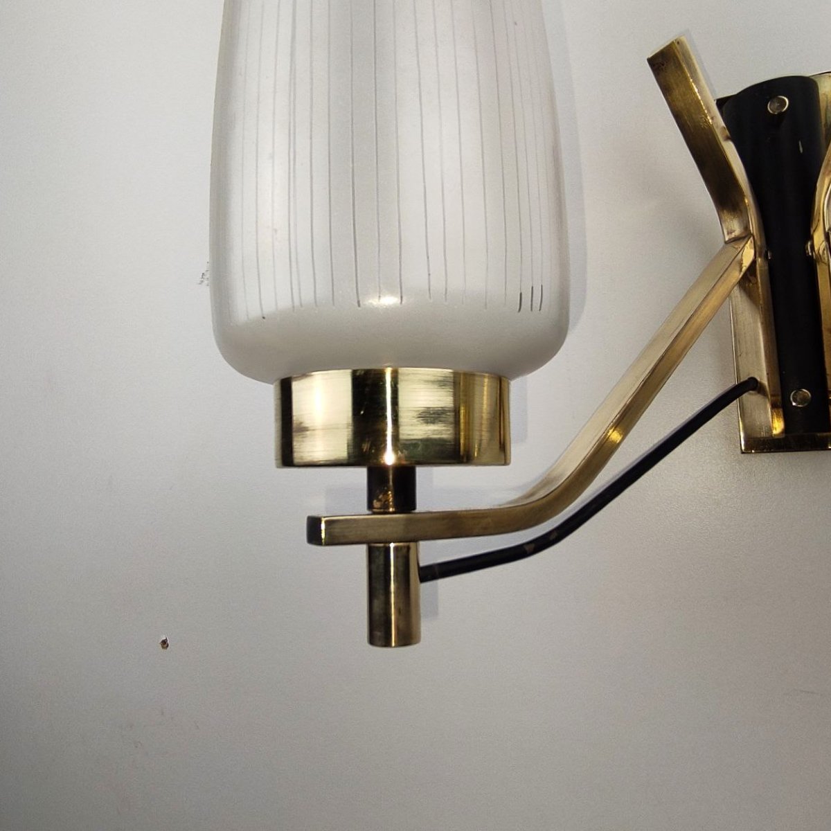 Pair Of Double-light Brass And Glass Wall Lamps From The 1950s-photo-7