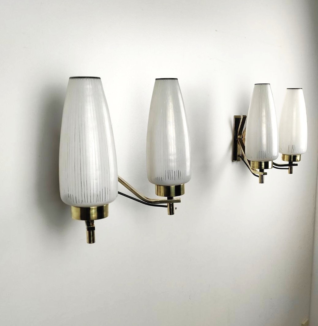 Pair Of Double-light Brass And Glass Wall Lamps From The 1950s