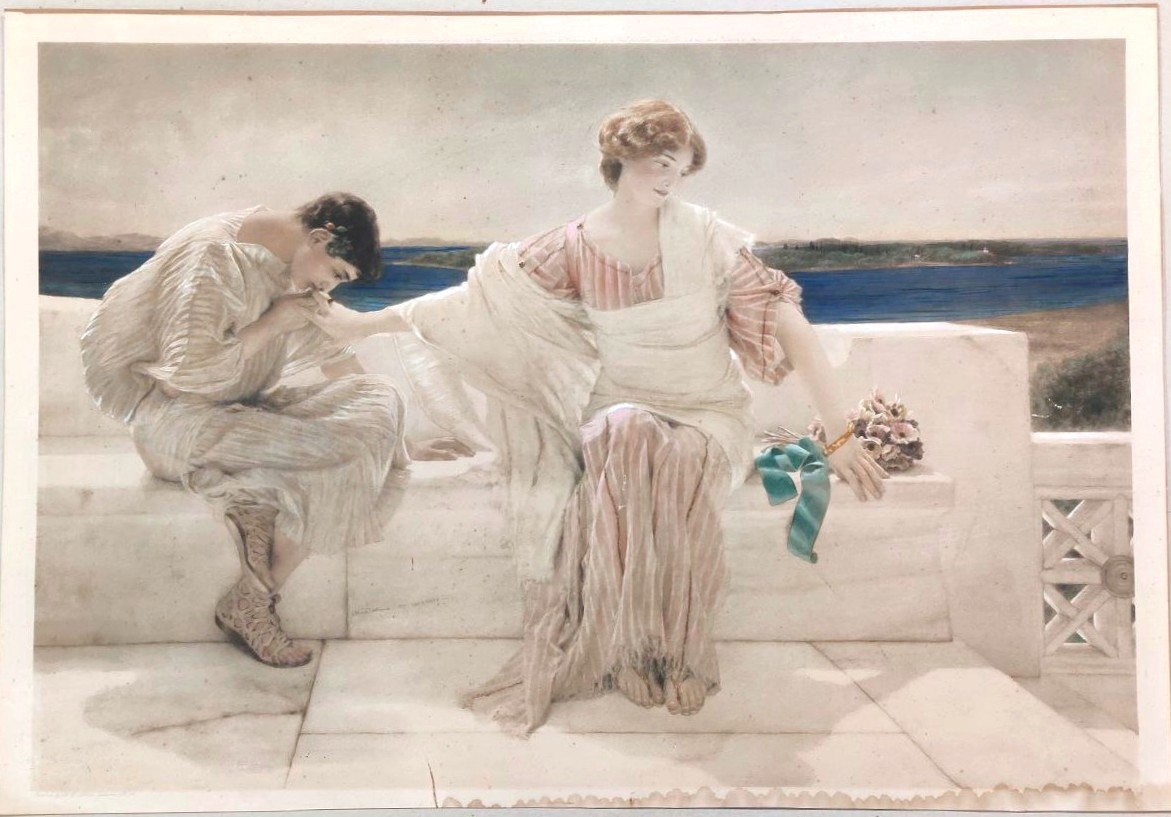 'ASK ME NO MORE' par Sir L. Alma Tadema, estampe d'art originale (1906)