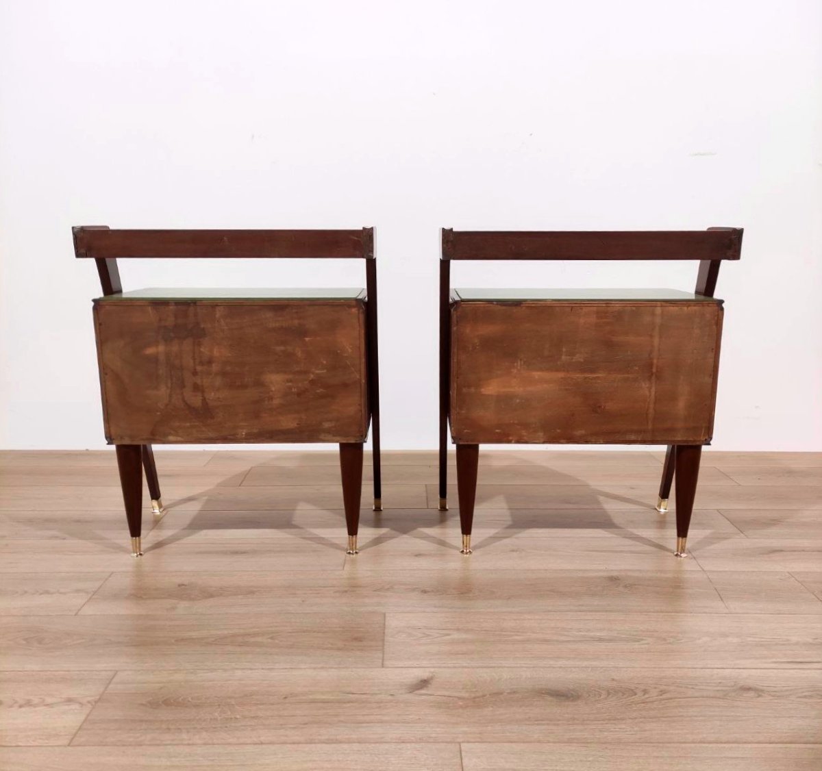 Pair Of Mahogany, Brass, And Glass Bedside Tables, Italy, 1950s-photo-7