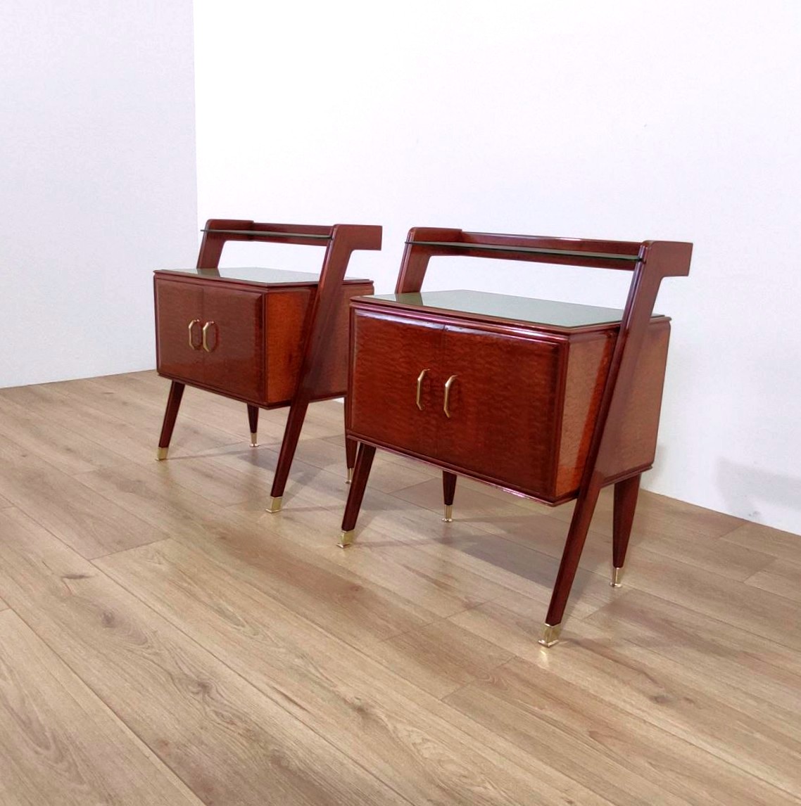 Pair Of Mahogany, Brass, And Glass Bedside Tables, Italy, 1950s