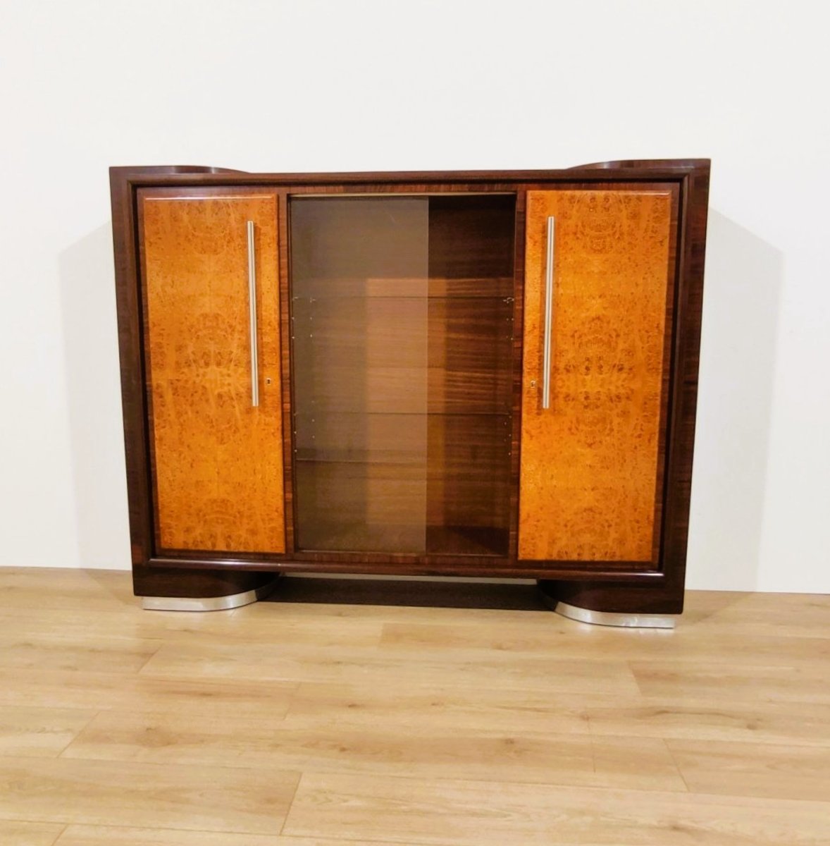 Buffet haut rationaliste en bois et verre, années 1940/1950-photo-4