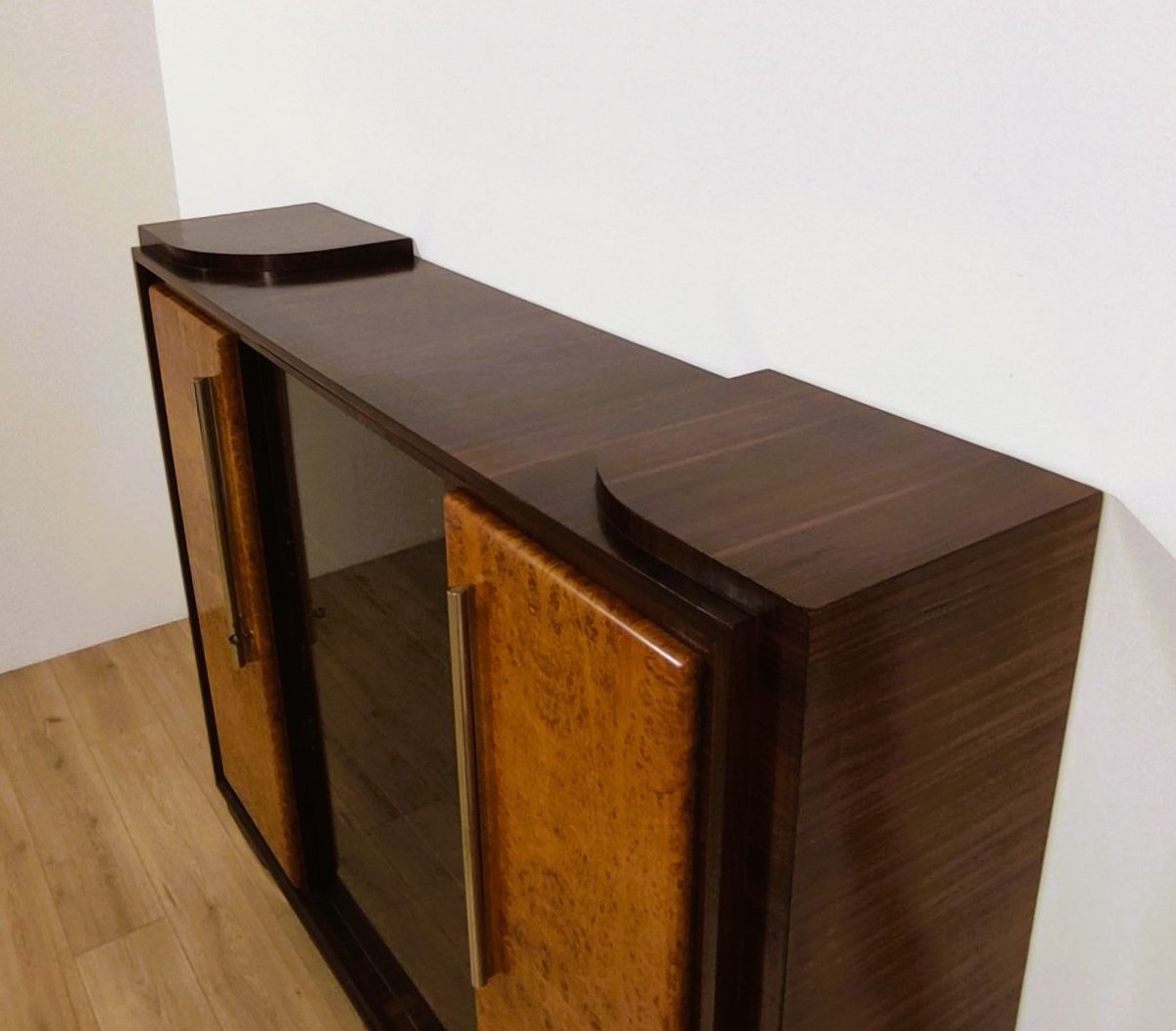 Buffet haut rationaliste en bois et verre, années 1940/1950-photo-4