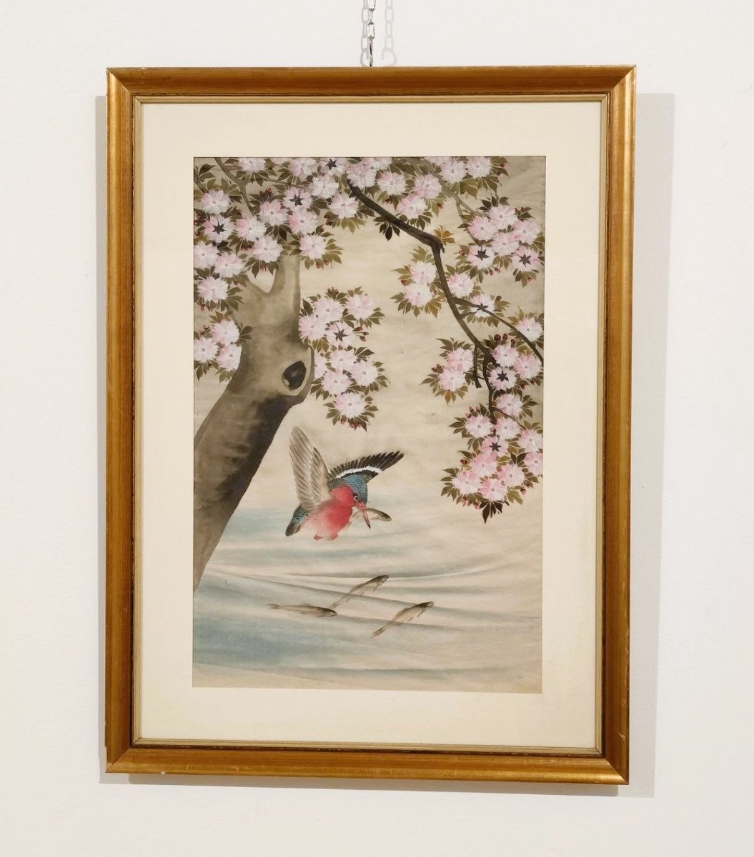 Pair Of Hand-painted Silks With 'kingfisher' -photo-2