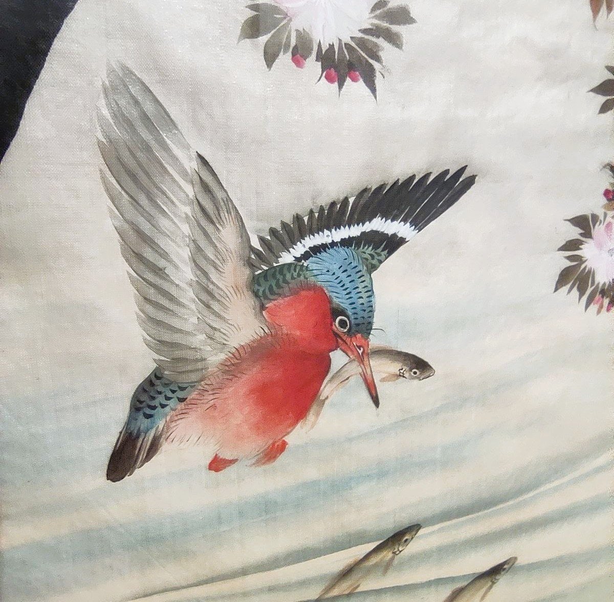 Pair Of Hand-painted Silks With 'kingfisher' -photo-4