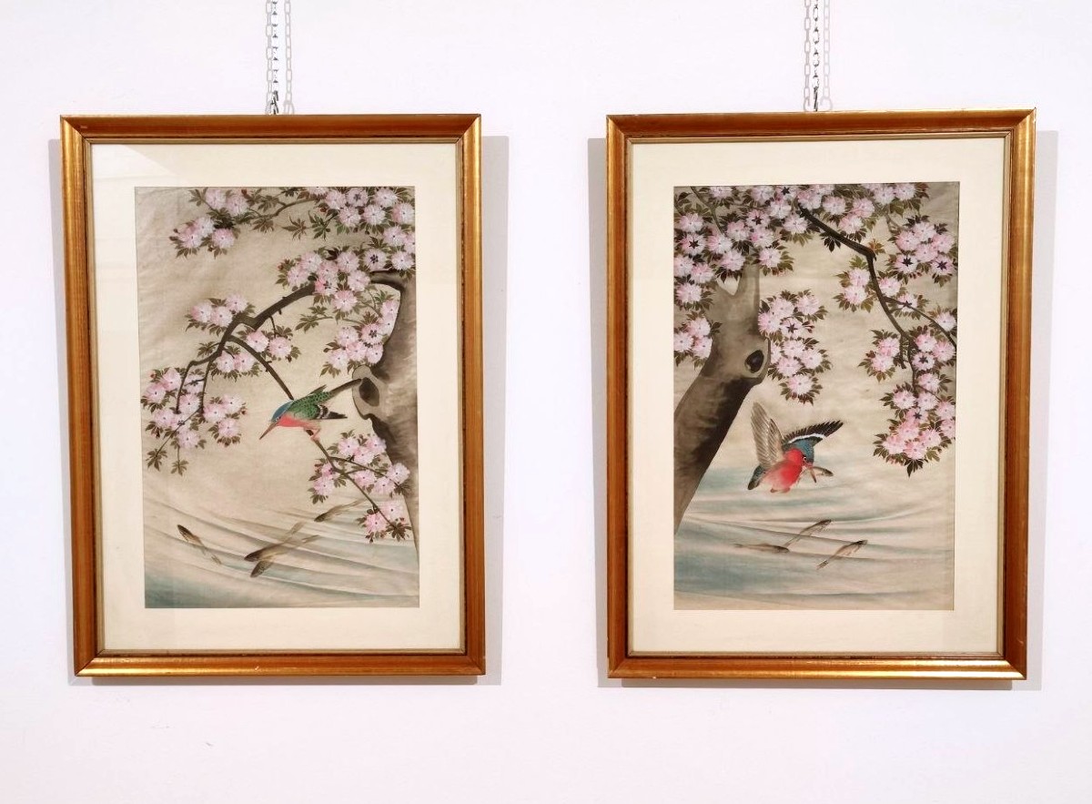 Pair Of Hand-painted Silks With 'kingfisher' 