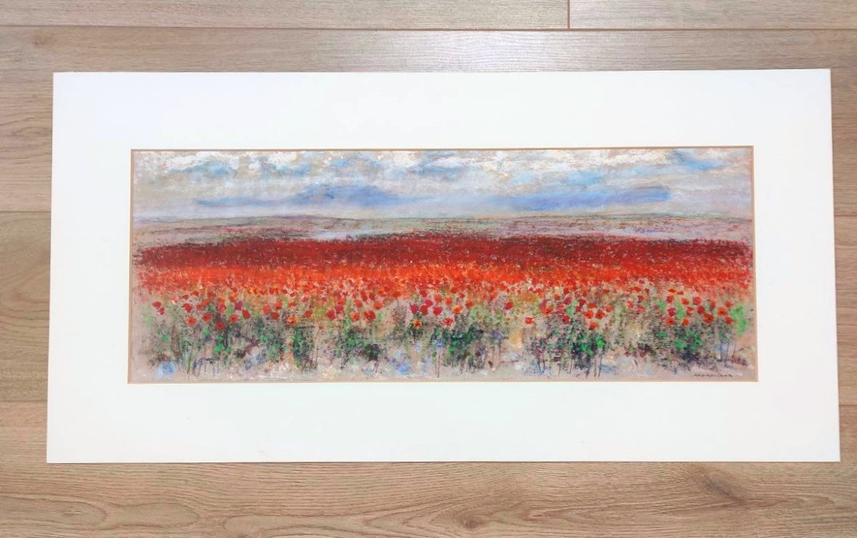 Addamiano, Natale « Champ de coquelicots », pastel sur papier signé-photo-3
