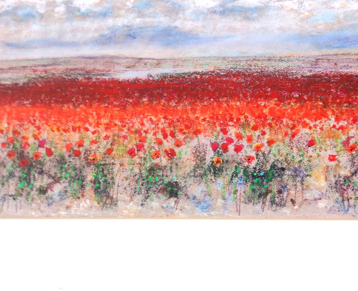 Addamiano, Natale « Champ de coquelicots », pastel sur papier signé-photo-3