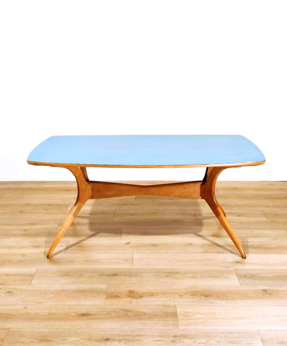 Wooden And Light Blue Formica Table, Ico Parisi Style (attributed), 1950s-photo-3