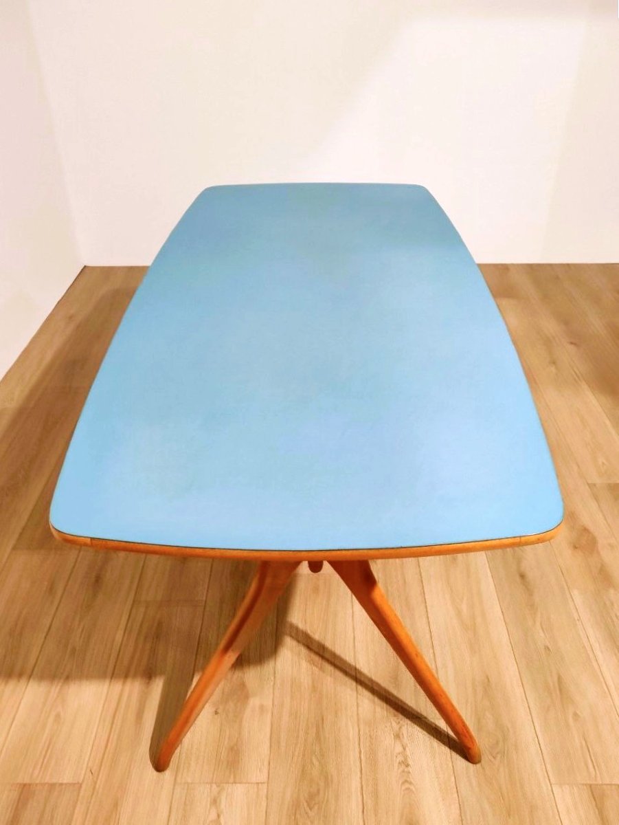 Wooden And Light Blue Formica Table, Ico Parisi Style (attributed), 1950s-photo-4