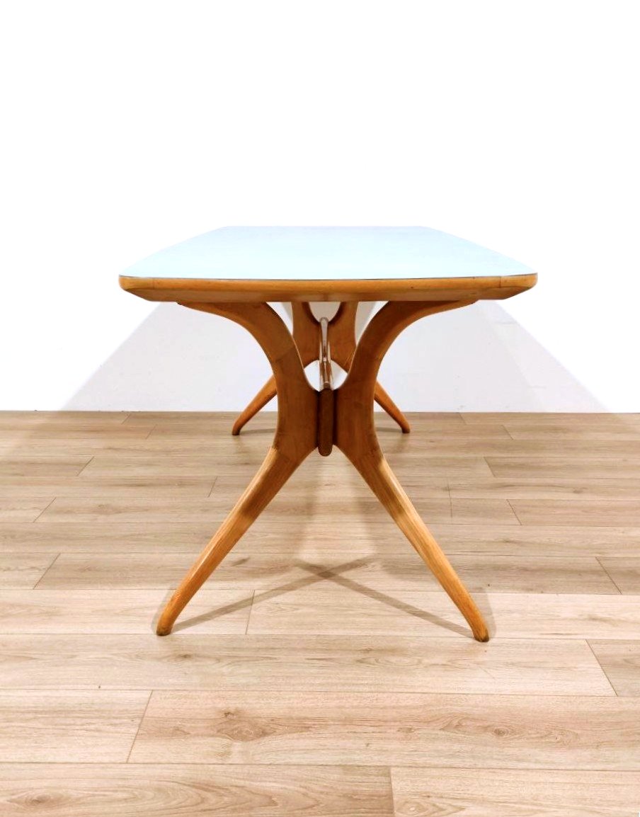 Wooden And Light Blue Formica Table, Ico Parisi Style (attributed), 1950s-photo-3