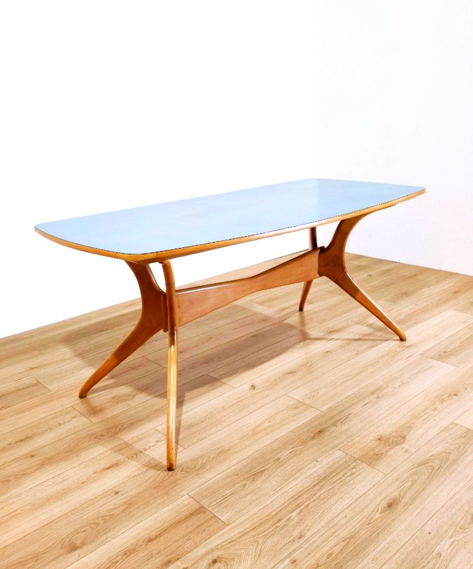 Wooden And Light Blue Formica Table, Ico Parisi Style (attributed), 1950s
