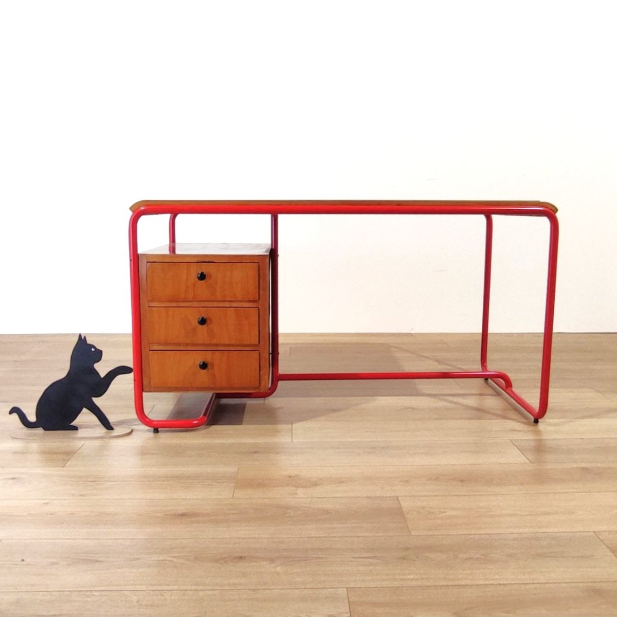 Bureau de style Bauhaus en métal tubulaire rouge, bois et verre, années 1950-photo-8
